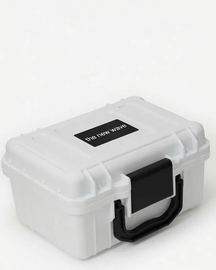 White hard-shell carry case with a black handle and the new wave label on the lid