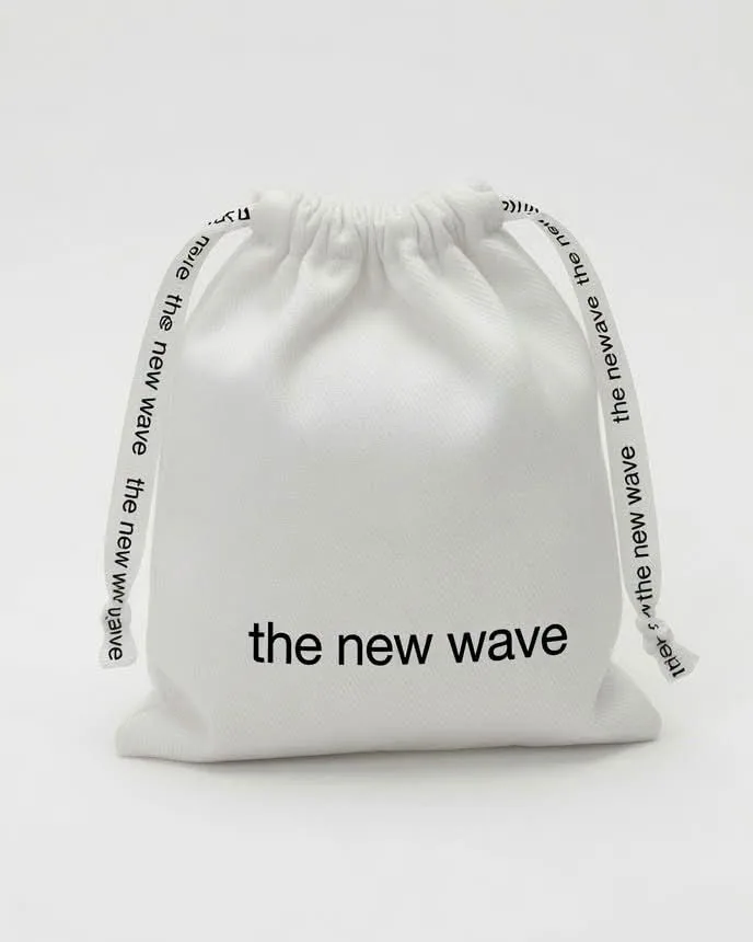 White drawstring pouch with the new wave printed on the front and on both ties