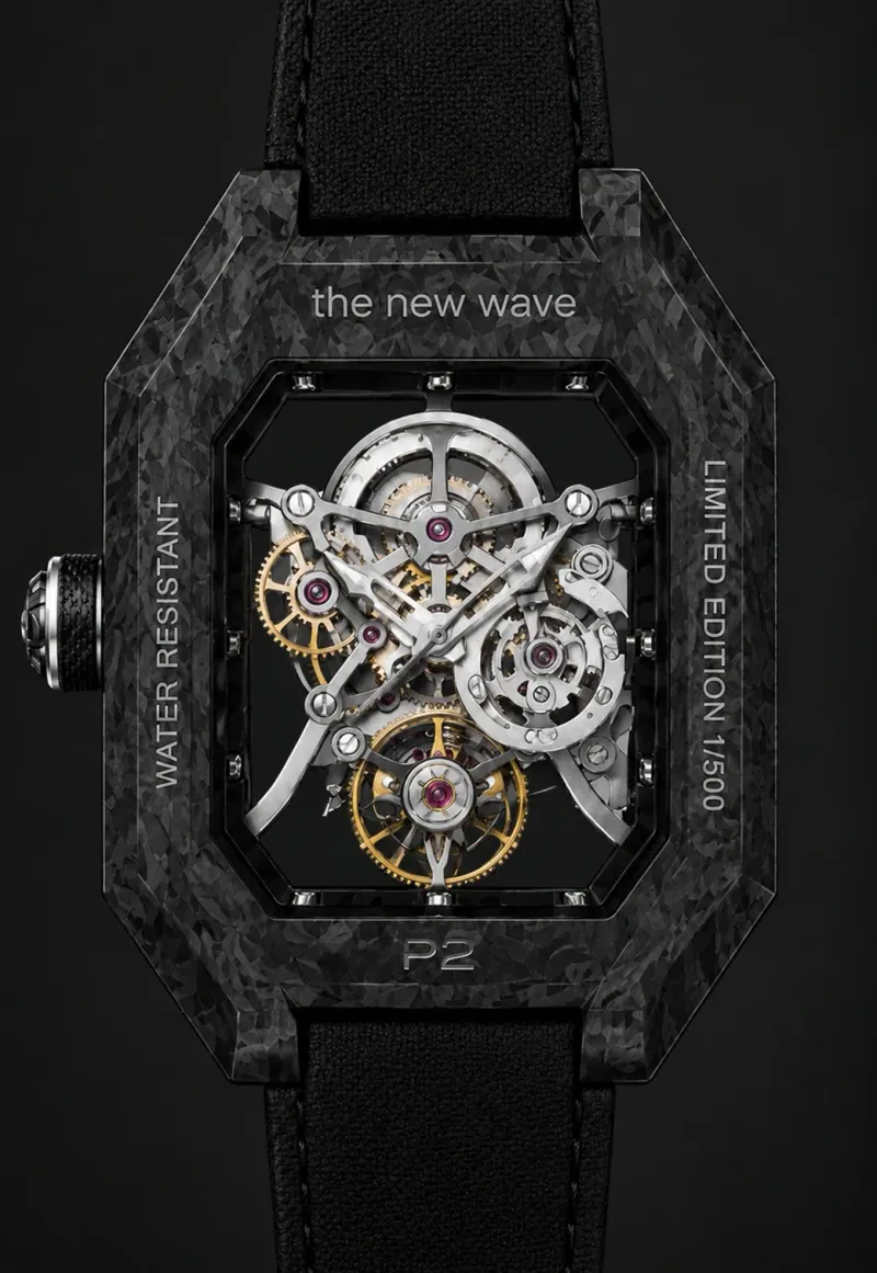 Project 2 case back: the skeleton movement through the rear sapphire crystal, framed by the new wave, WATER RESISTANT, LIMITED EDITION 1/500 and P2 markings on the carbon-fibre case