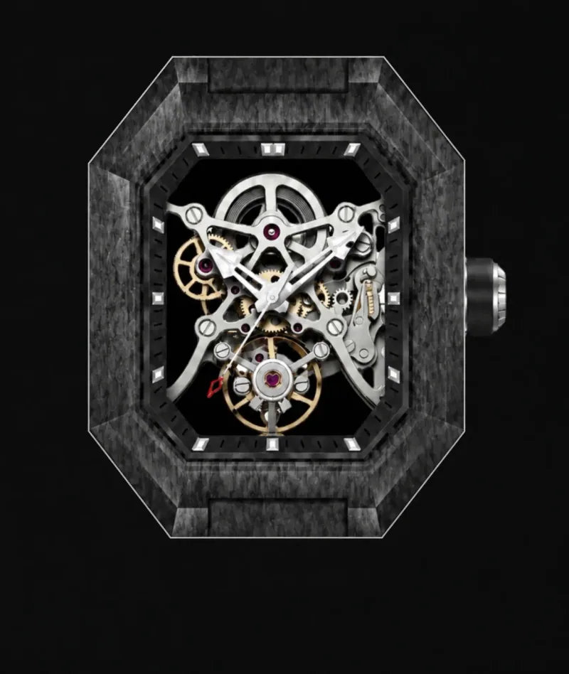 Project 2 case from the front with its octagonal outline traced: carbon-fibre case, skeleton movement and TNW crown