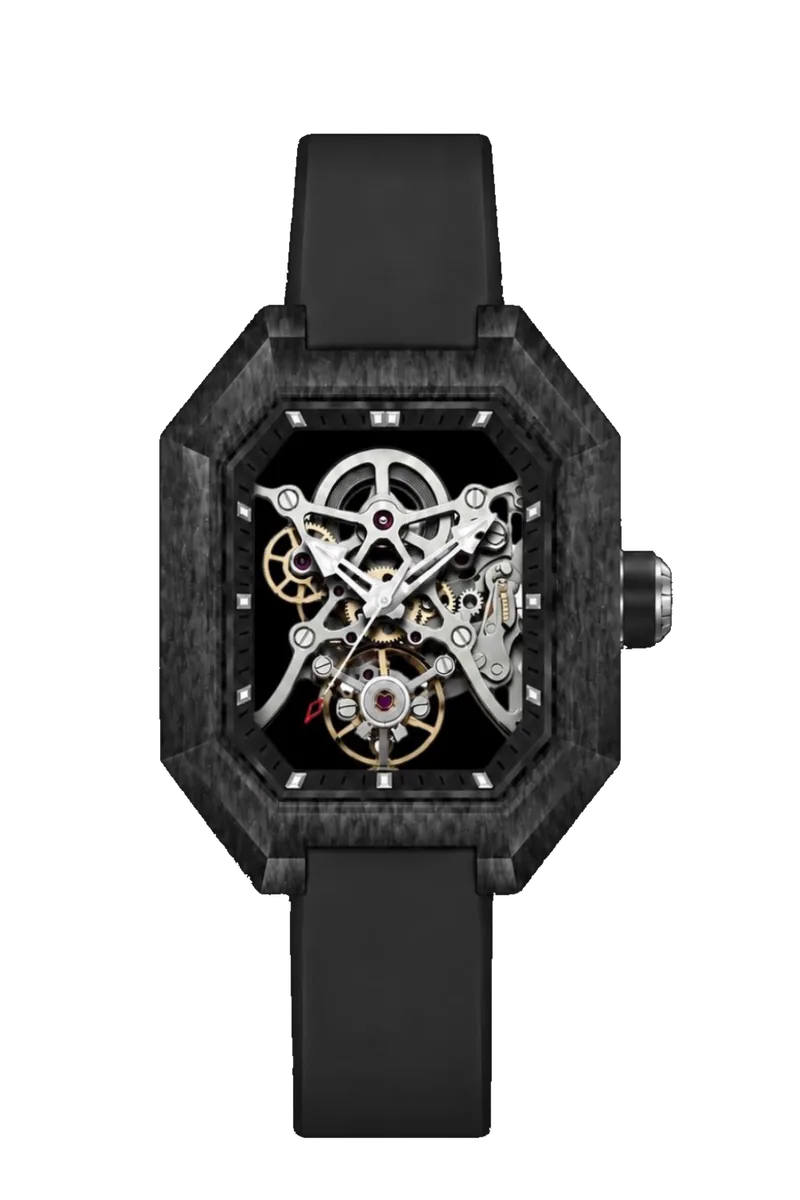 Project 2 with black fluororubber strap: octagonal carbon-fibre case framing an exposed skeleton movement