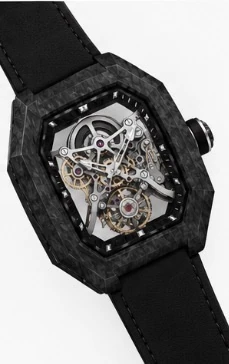 Project 2 with the black strap, three-quarter view of the carbon-fibre case and crown