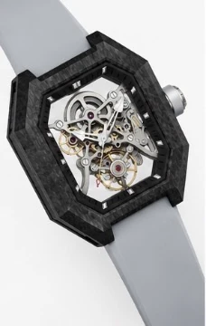 Project 2 with the grey strap, three-quarter view of the carbon-fibre case and crown