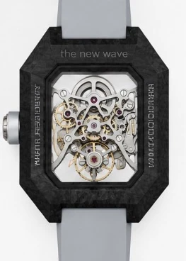 Project 2 with the grey strap from the back: the movement through the rear sapphire crystal, with the new wave and limited edition engravings