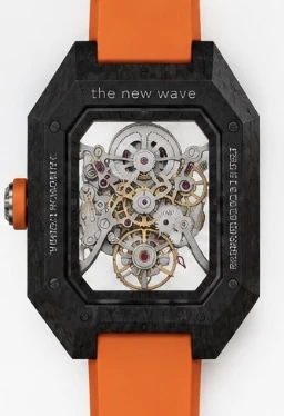 Project 2 with the orange strap from the back: the movement through the rear sapphire crystal, with the new wave and limited edition engravings