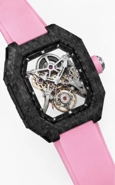 Project 2 with the pink strap, three-quarter view of the carbon-fibre case and crown