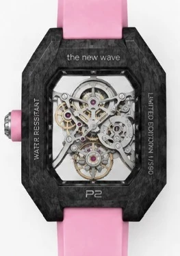 Project 2 with the pink strap from the back: the movement through the rear sapphire crystal, with the new wave and limited edition engravings