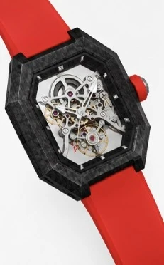 Project 2 with the red strap, three-quarter view of the carbon-fibre case and crown