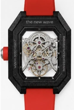 Project 2 with the red strap from the back: the movement through the rear sapphire crystal, with the new wave and limited edition engravings