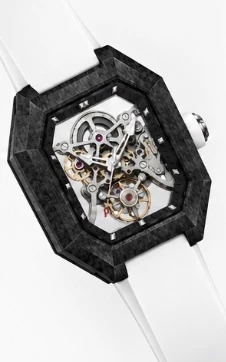 Project 2 with the white strap, three-quarter view of the carbon-fibre case and crown