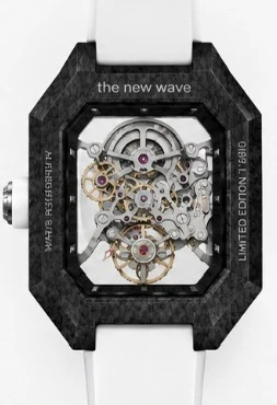 Project 2 with the white strap from the back: the movement through the rear sapphire crystal, with the new wave and limited edition engravings