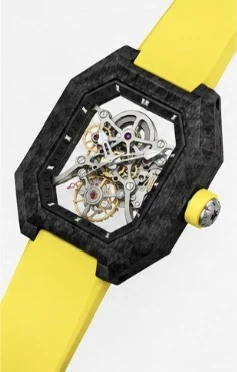 Project 2 with the yellow strap, three-quarter view from the crown side