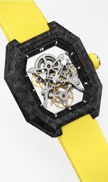 Project 2 with the yellow strap, three-quarter view of the carbon-fibre case and crown