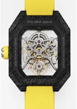 Project 2 with the yellow strap from the back: the movement through the rear sapphire crystal, with the new wave and limited edition engravings